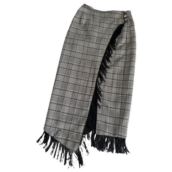 Dylan Lex Wrap Midi Skirt Black Plaid Fringe Trim Preppy Asymmetric Size Small - Picture 1 of 9